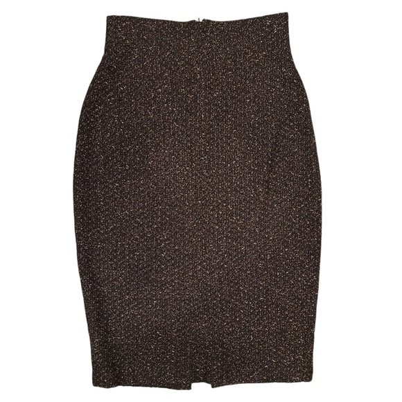 St. John Couture Brown Gold Metallic Knit Tweed Pencil Skirt Stretchy Size 2 - Picture 1 of 9